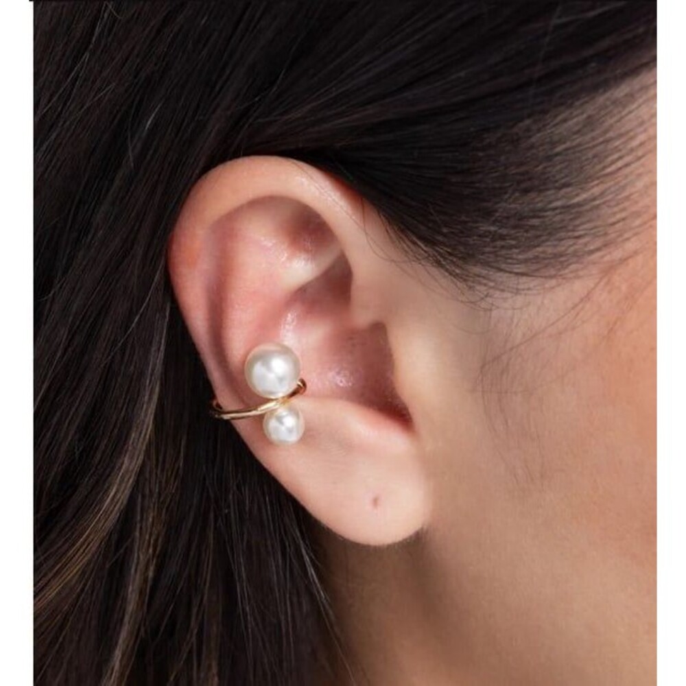 Paparazzi Elegant Emblem Pearl Cuff Earrings Gold Women’s Flexible One Size New